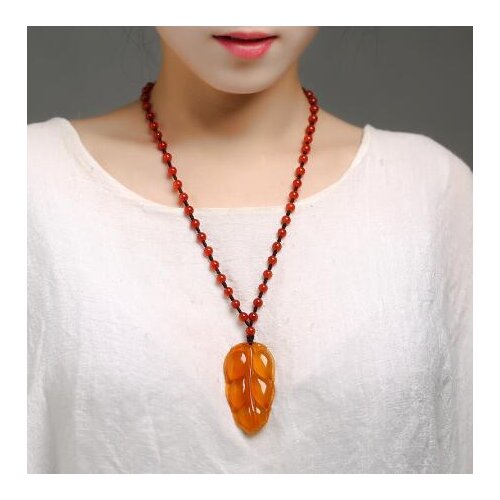 Ice seed chalcedony agate natural jade national wind leaf necklace long autumn and winter wild pendant sweater chain pendant