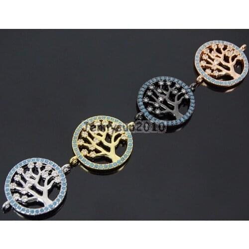 Zircon Gems Stones Pave Tree Of Life Bracelet Connector Charm Beads Silver Gunmatel 15X20mm 10Pcs/Pack