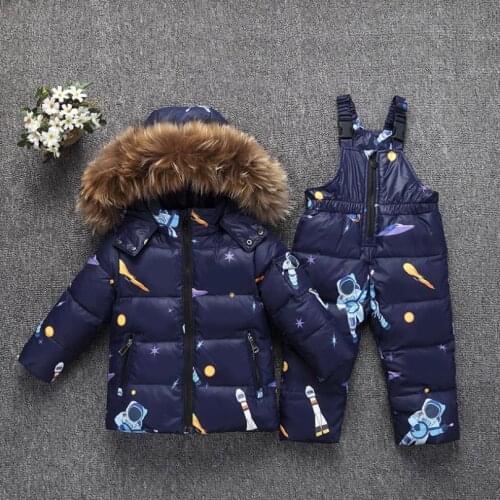 Russia Winter New Kids Snowsuit Baby Boy Girl Set Cartoon Print Duck Down Jackets Overalls Coat + Jumpsuit Toddler Parka Y3355