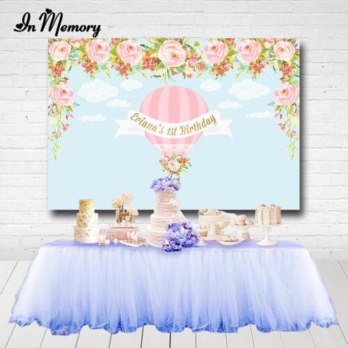 Pink Flowers Girls Baby Shower Newborn 1st Birthday Party Photography Backdrops Hot Air Balloons Blue Sky Backgrounds Photocall