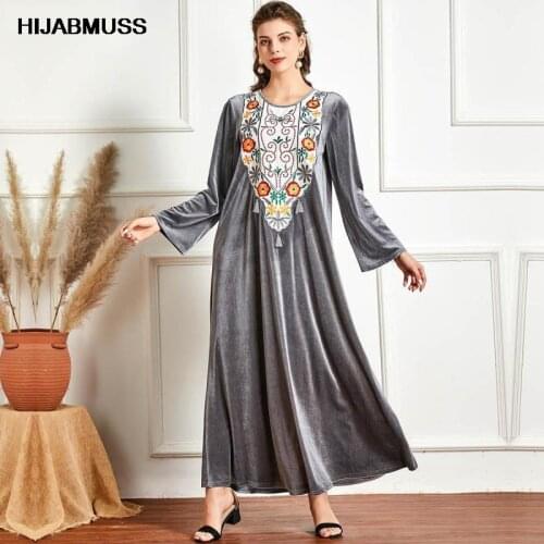 Kebaya Muslim Fashion Grey Oversized Velvet Embroidered Long Sleeve Fashion Big Swing Ladies Dress Modest Robe For Women Islamic