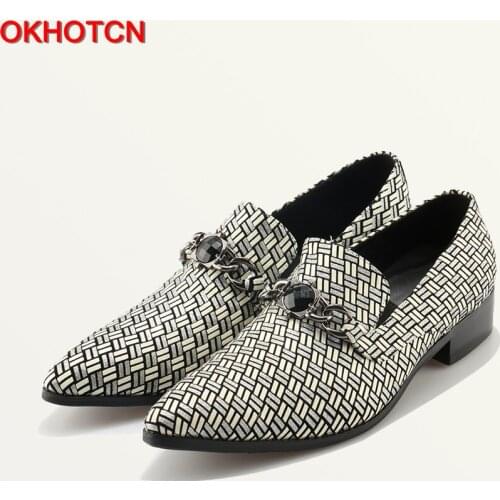 Classic Plaid Wedding Shoes Pointed Toe Dress Shoes Silver Leather Oxford Shoes For Men Metal Chain Black Jewel Formal Shoes