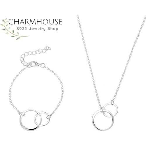 Silver 925 Jewelery Sets For Women Double Circle Charm Bracelet & Necklace & Pendant Trendy Jewelry 2pcs Set Accesories Bijoux