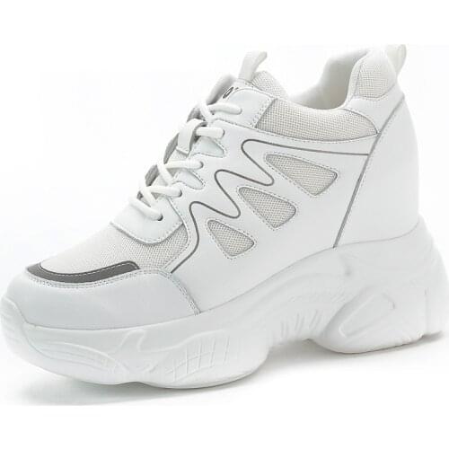 Dad Shoes Chunky Sneakers Split Leather Breathable Light Weight Platform Wedge Heel 9cm Air Mesh Comfortable Ankle Boots