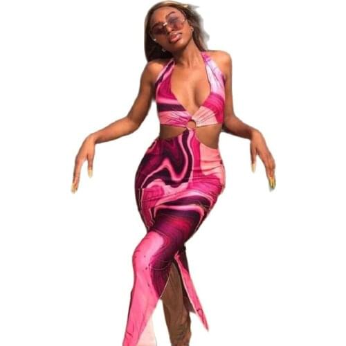 TYJTJY Tie Dye Summer Maxi Dress Women Waist Cut Out Backless Halter Robe 2021 Festival Clubwear Bodycon Sexy Party Dress