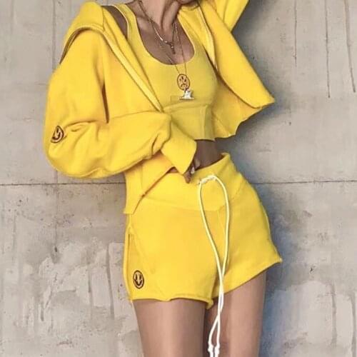 Summer new 3 Pieces Set Hooded Long Sleeve Top+Slim O Neck Vest+Lace Up Elastic Waist Wide Leg Shorts Fashion Suits Korean TZ49