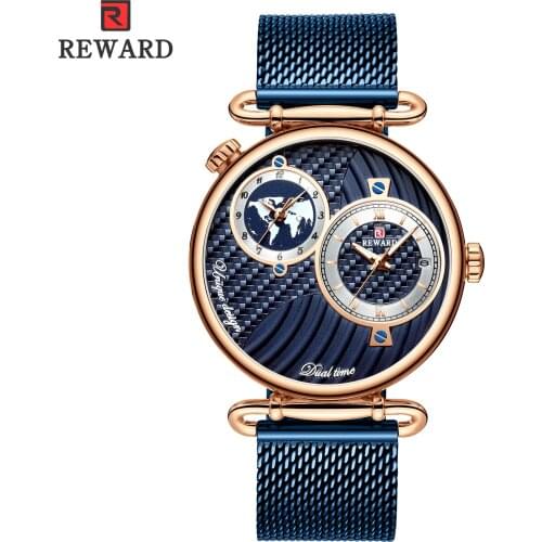 Mens watches quartz waterproof Stainless steel mesh belt Multiple time zones double dial 3D pattern business men clock RD62002M