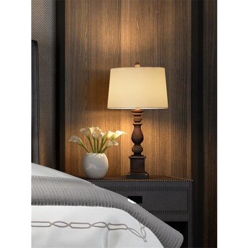 American wood art carving table lamps bedroom bedside country retro European LED cabinet desk lights living room deco fixtures