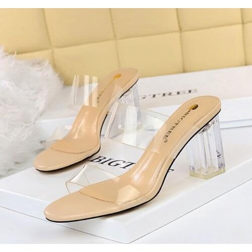 BIGTREE New PVC Transparent Slippers Open Toe Perspex Heel Women High Heel Crystal Womens Shoes Transparent Slippers Size 34-40