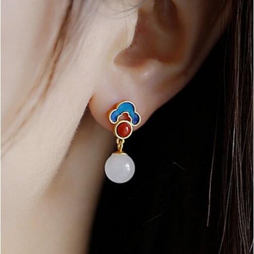 New Product Original Design Silver Ancient Gilt Natural Hetian Jade Earrings Enamel Auspicious Cloud Female Earring