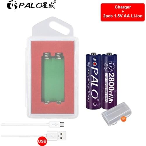 PALO 1.5V AA Li-ion battery 2A 1.5V 2800mWh lithium li-ion rechargeable battery Bateria batteries for thermometer+USB charger