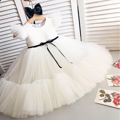 Ivory White Communion Dresses Girl Pageant Gowns Pleated Tulle Flower Girl Dresses Little Bride Dresses New Year