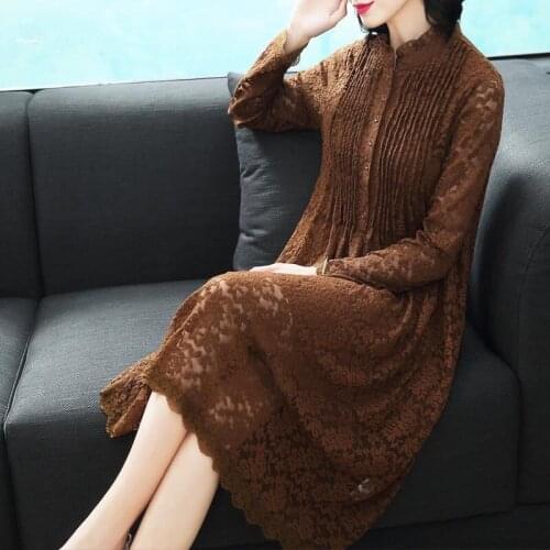 Spring Fall Casual Vintage Women Stand Collar Lace Patchwork Loose Black Dress ,2018 Autumn Female Woman Pleated 4xl Dresses