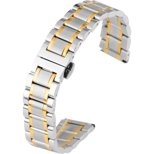 Watch Strap 20MM Silver and Gold Watch Band Premium Stainless Steel Circle Strap Push-Button Hidden Clasp Wristwatch Bracelet