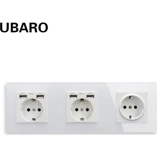 UBARO 258*86mm German Standard Crystal Tempered Glass Panel Wall Socket Usb 5V 2A Electrical Outlet Power Plug AC110-250V 16A