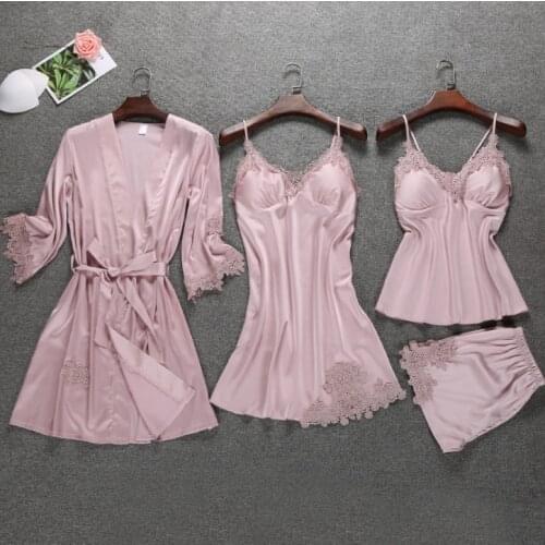 Women pajamas satin silk 4 piece pijimas robe slrrpshrt top panty set vogue padded underwear set