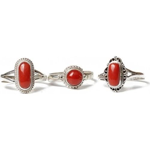 10PCS Mix Wholesale Nepal Vintage Handmade 925 Silver Inlaid Natural Coral Adjustable Rings for Lady Multi Designs T9159
