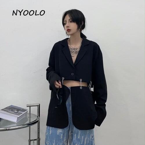 NYOOLO Novelty design iron chain patchwork fake 2 pieces long sleeve blazer jacket women Harajuku street Single Button outerwear