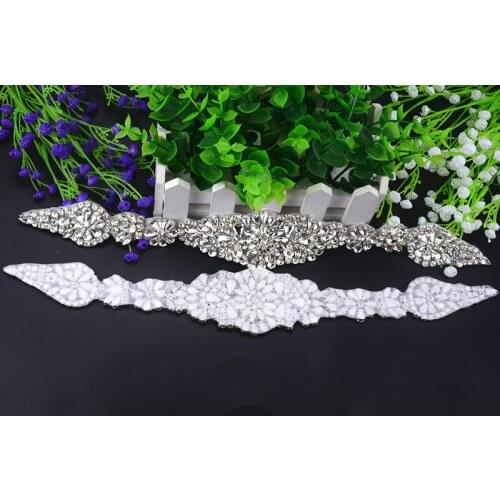1piece)Handmade Bling Sew On Hot Fix Beaded Crystal Silver Rhinestone Applique for Wedding DIY Bridal Belt Headbands Garter