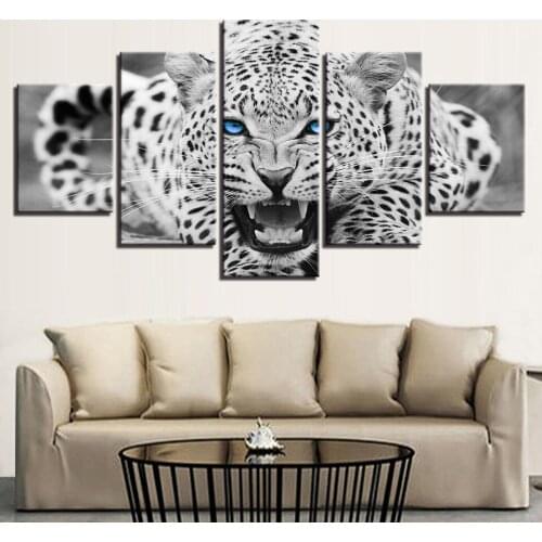 Wall Art HD Prints Home Decor Framework 5 Pieces Blue Eyes Leopard Tiger Paintings Black And White Animal Poster Canvas Pictures
