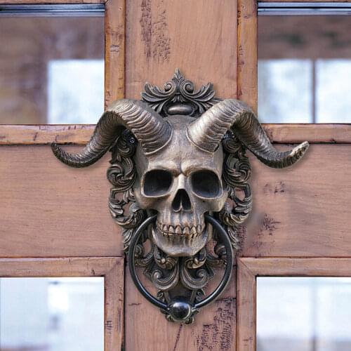 Antique Retro Design Door Knocker Decoration Horn Skull Skull Door Knocker Wall Art Decoration Resin Crafts Ring Door Knob Ring
