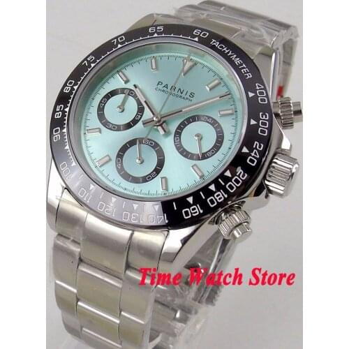 Luxury 39mm PARNIS watch men waterproof steel bracelet 24 hours Chronograph blue dial black luminous sapphire Quartz stop 1187