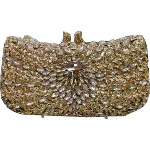 Ladies floral crystal evening dress bag hard shell metal single chain handbag and purse bridal wedding party clutch