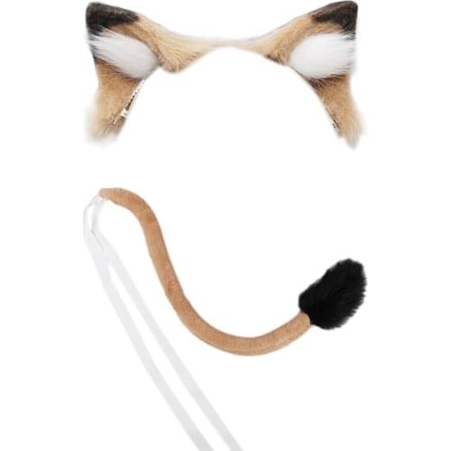 Long Fur Animal Lion Ears Headdress Tail Set Plush Lolita Headwear Anime for Halloween Christmas Cosplay Accessories