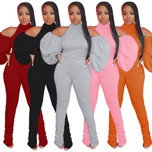 Streetwear Halter Backless Ruched Stacked Jumpsuit Off Shoulder Long Sleeve Bodycon Jumpsuit Flare Bell Bottom Split Rompers