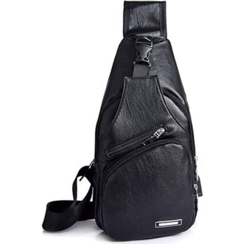 Mens Leather Chest Bag Single Shoulder Pack Portable Charging Outdoor Leisure Sports USB Chest Bags
