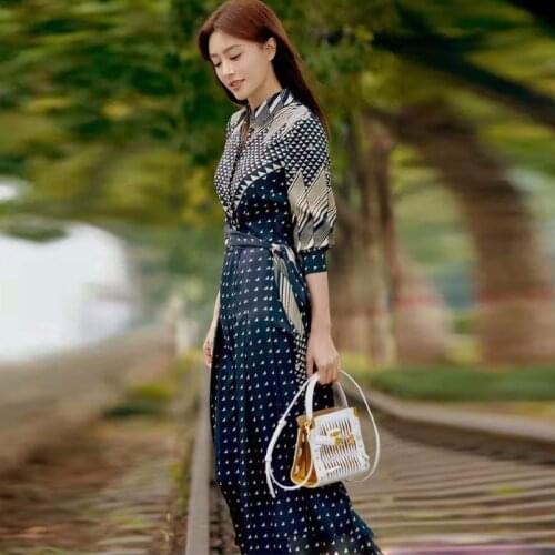 Fashion Women Runway 2021 Spring Lantern Sleeve Dots Geometric Print Bow Long Elegant Party Shirt Dress