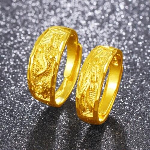 Yellow Gold Color Rings Set for Men Women Dragon & Phoenix Wedding Engagement Ring 2 pcs Free Size Anillo Bridal Jewelry Bijoux