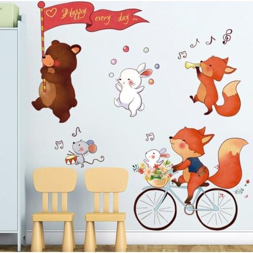 Happy Every Day Wall Stickers for Kids rooms Cartoon Fox Rabbit Bear Wall Decals for Children Room Wall Decor Home Decoration
