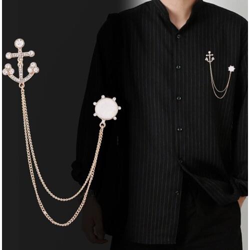 New High-end Anchor Crystal Brooch Taseel Chain Rudder Lapel Pins Mens Suit Shirt Badge Collar Fashion Jewelry Accessories