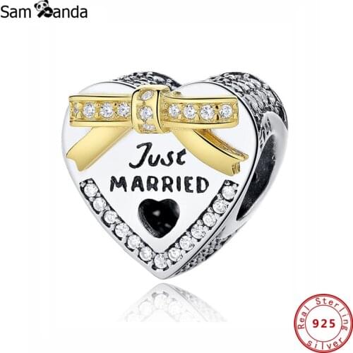 Original 100% 925 Sterling Silver Bead Charm Wedding Heart Charms Just Married Gold Fit Bracelet Women Diy Jewelry