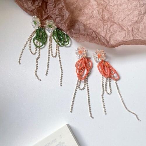 Origin Summer Trendy Sweet Flower Beaded Dangle Earring for Women Temperament Shining Rhinestone Long Tassel Earring Jewelry