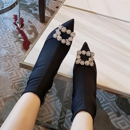 2020 Autumn and Winter New Women Ankle Elastic Fabric Socks Boots Pointed Ladies Elegant High Heels Size 33-42 Black