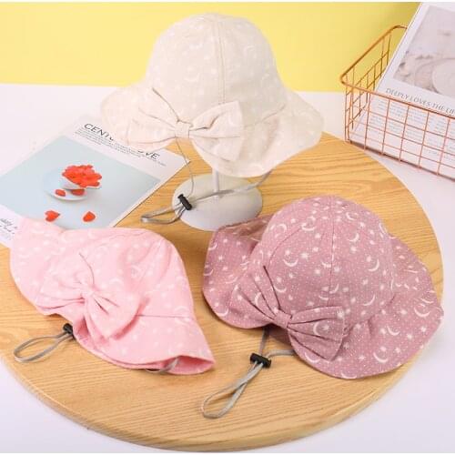 Spring Summer Baby Panama Hat With Bow Cartoon Printed Outdoor Baby Girl Sun Hat Adjustable Strap Toddler Kids Beach Cap 1-3Y