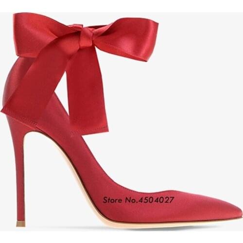 Elegant Pointed Toe High Heel Red Satin Pumps Dress Shoes for Women Ankle Wraps Stiletto Heels Summer Shoes