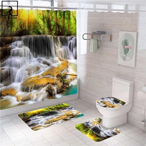 Waterfall Scenery Shower Curtain 3pcs/4pcs Set Polyester Bathroom Partition Bathtub Screen Hd Casual Landscape Mat Set Rugs Home
