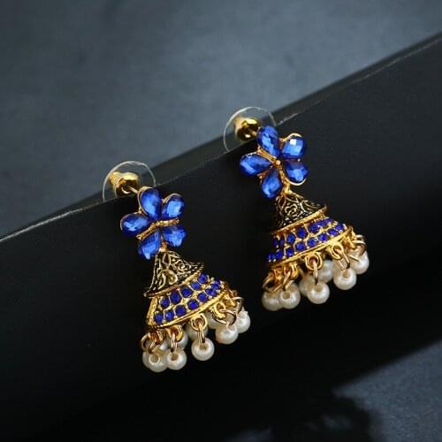 Bohemian Blue Crystal Drop Earrings for Women Pearl Tassel Flower Long Earrings Statement Wedding Jewelry barocke perle ohrringe