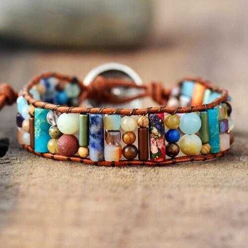 Women Boho Bracelets Natural Stone Single Leather Wrap Bracelet Semi Precious Stone Beaded Woven Cuff Bracelet Dropship