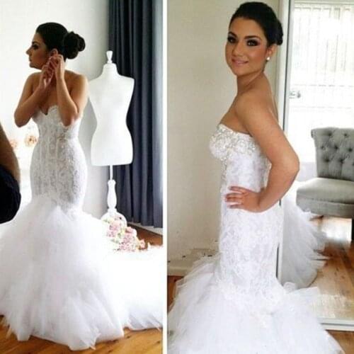 Off-Shoulder Sweetheart Tulle Mermaid Wedding Dresses 2015 Luxury Lace Appliqued Sequined Wedding Gowns White Plus Size