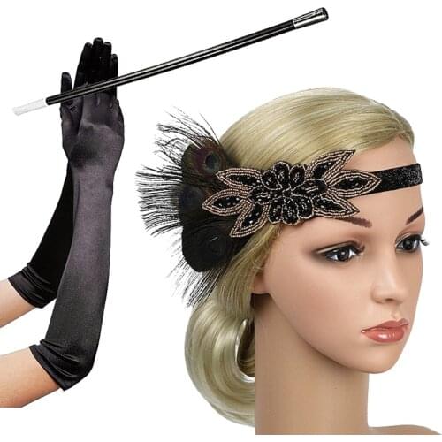 Women Great Gatsby Party Costume Accessories Set 1920s Flapper Accessories Feather Headband Gloves Cigarette Holder 3 Pack
