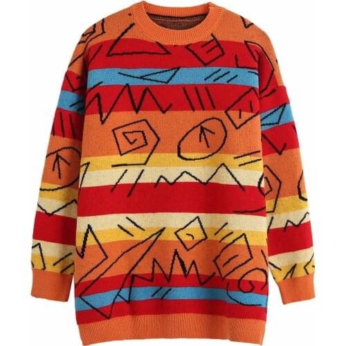 Korean Version Of Knitted Sweater Women Casual Graffiti Mid-length Pullover Orange Blue Knit Loose 2021 Autumn And Winter New