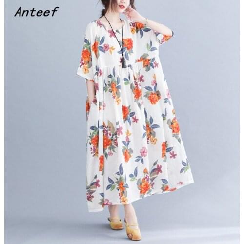Short sleeve plus size cotton vintage floral dresses for women casual loose long woman summer dress elegant clothes 2021