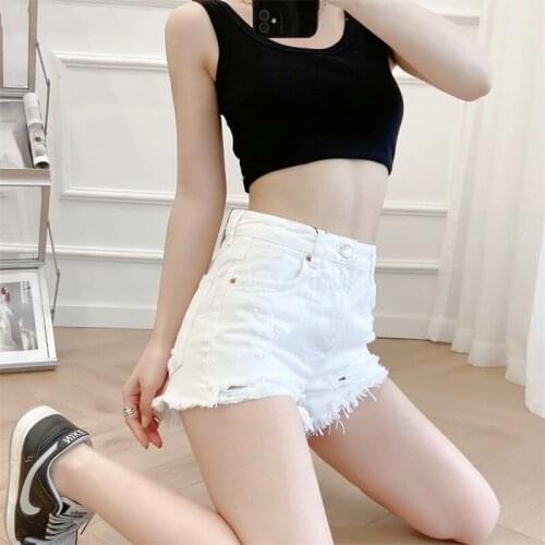 ZXQJ Women 2021 Chic Fashion Ripped Hole Side Pockets Denim Shorts Vintage High Waist Zipper Fly Short Jeans Mujer