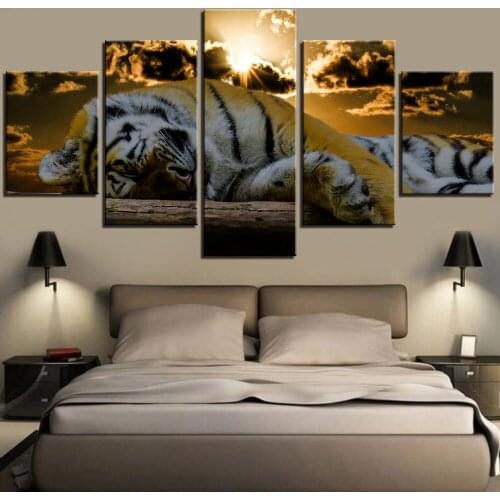 5 Pieces Sleeping Tiger Canvas Painting Animal Posters Beast Big Cat Pictures Forest Wallpaper For Home Decor Artwork Frame