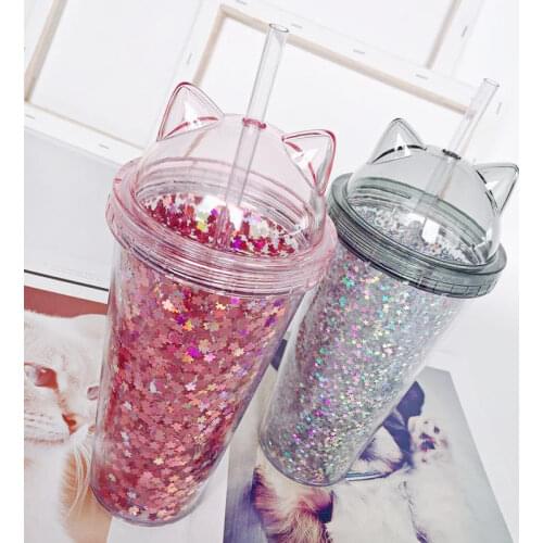 Sequined BPA Free Water Bottle with Straw Plastic Flash Cat Ear Double Wall Drinking Bottle Coffee Juice Cup