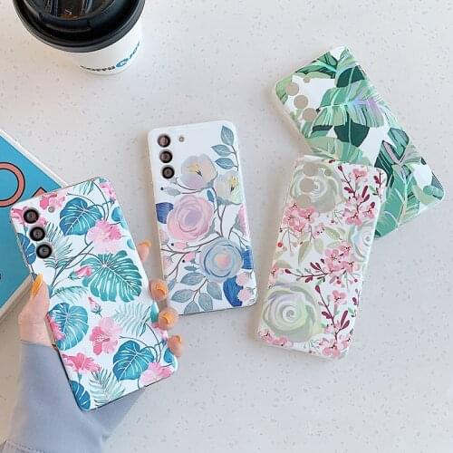 Laser Flowers Phone Case For Samsung Galaxy S21 FE A22 A12 A42 A52 A72 S21 Plus S21 Ultra Camera Protection Soft IMD Back Cover